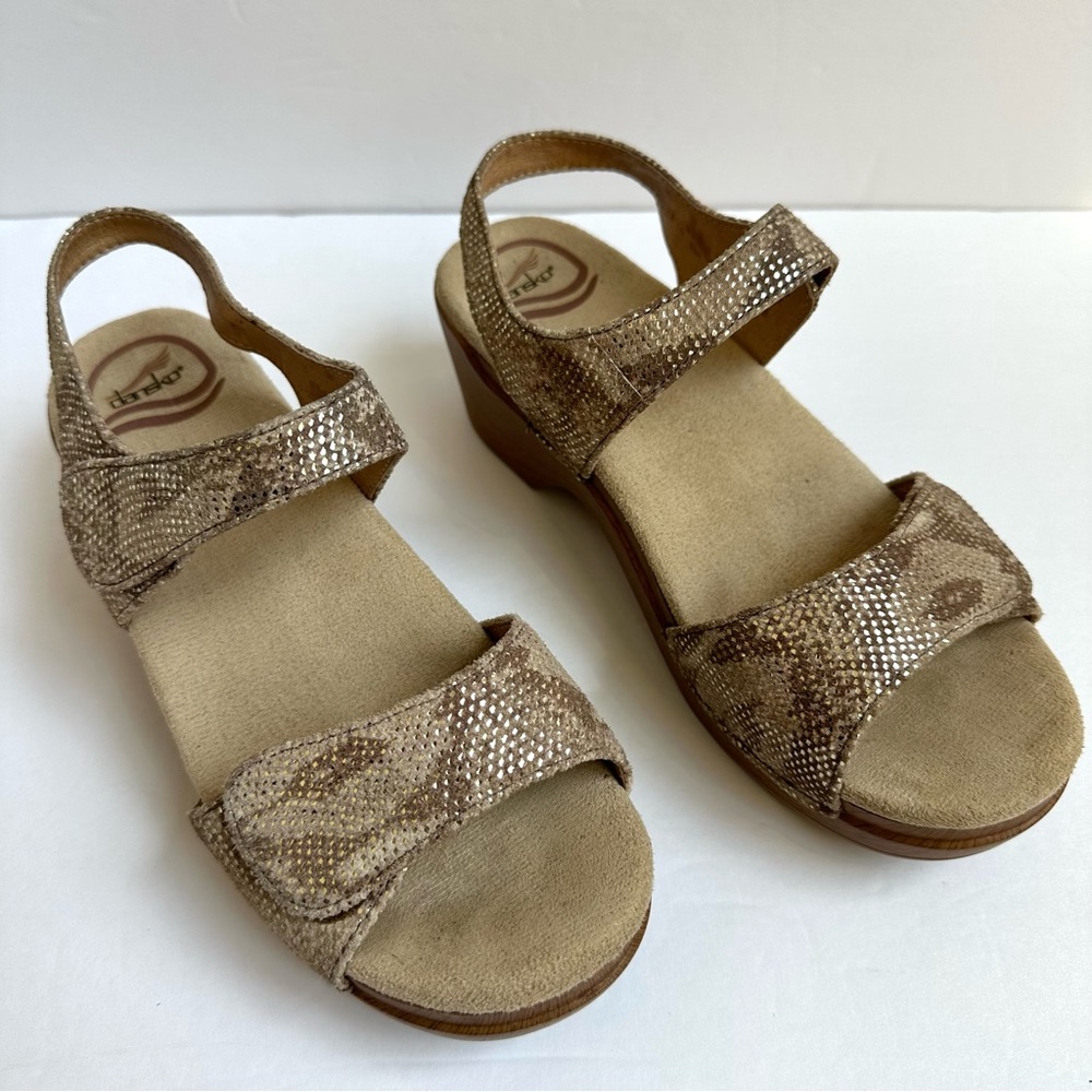 Dansko Taupe Snake-Print Wedge Sandals
